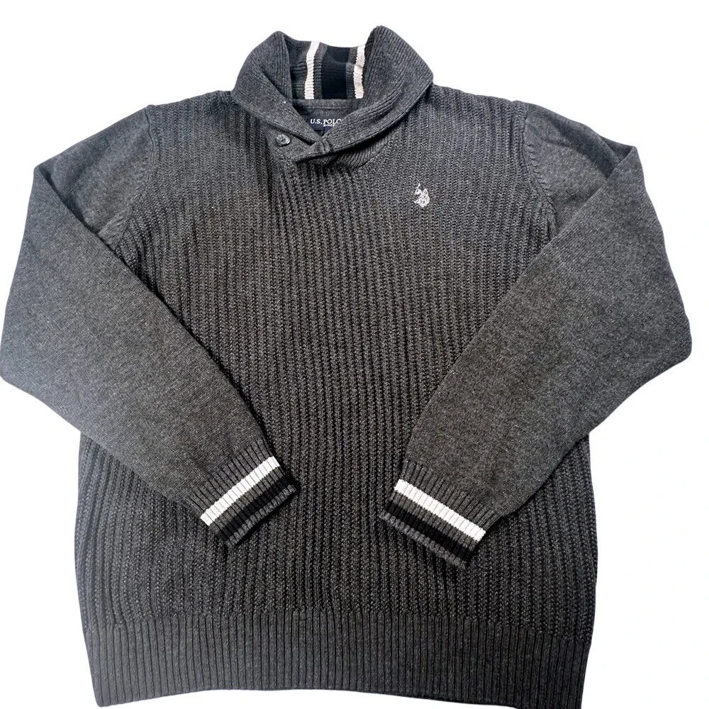 U.S. Polo Assn. Shawl Collar Sweater Men Medium Dark Gray‎ Pullover Knit
